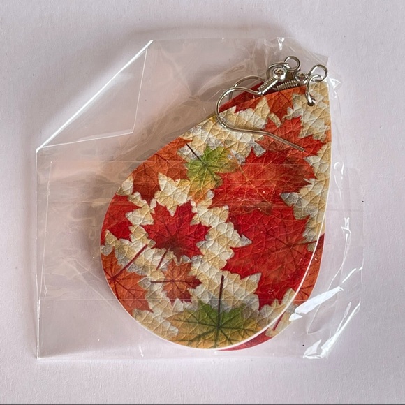 Fall/Autumn festive leaves faux leather tear drop earrings - Picture 3 of 3